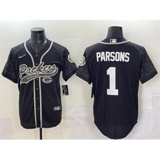 Men's Green Bay Packers #1 Micah Parsons Black Reflective With Cool Base Stitched Baseball Jersey
