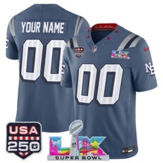 Men's New England Patriots Active Player Custom Storm Blue 2025 F.U.S.E. Super Bowl LX and USA 250 Patch Rivalries Vapor Limited Football Stitched Jersey