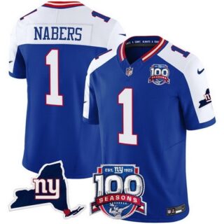 Men's New York Giants 1 Malik Nabers Royal 2024 F U S E 100th Season And State Vapor Limited Alternate Stitched Football Jersey