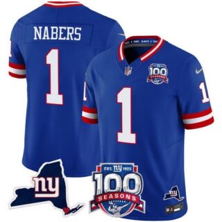 Men's New York Giants 1 Malik Nabers Royal 2024 F U S E 100th Season And State Vapor Limited Stitched Football Jersey