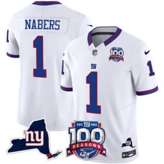Men's New York Giants 1 Malik Nabers White 2024 F U S E 100th Season And State Vapor Limited Stitched Football Jersey