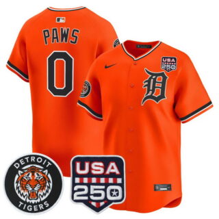 Men's Detroit Tigers #0 PAWS 2026 Alternate Vapor Premier Limited Jersey 250America Patch All Stitched Orange