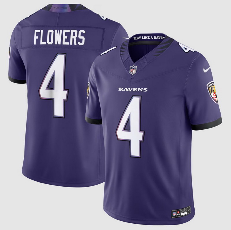 Men's #4 Zay Flowers Baltimore Ravens Vapor F.U.S.E. Sewn Down Limited Jersey Purple