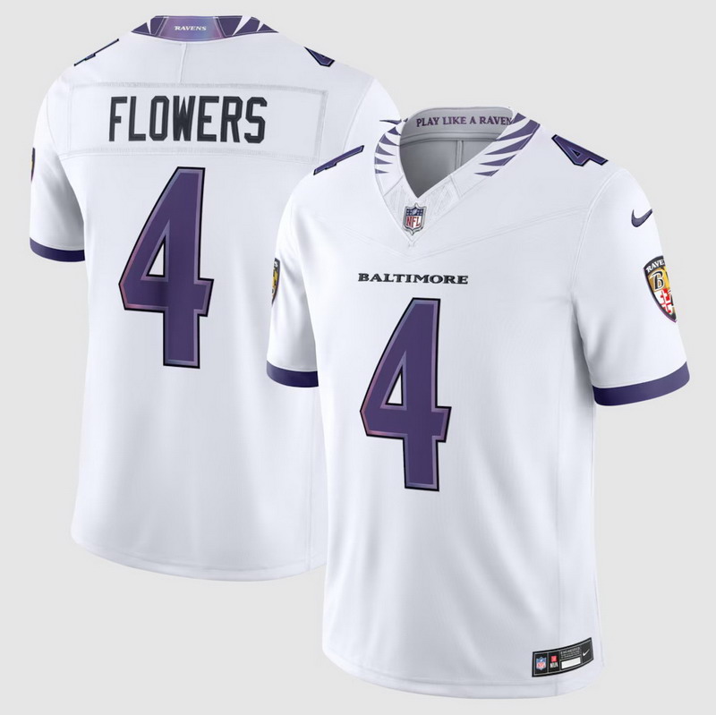 Men's #4 Zay Flowers Baltimore Ravens Vapor F.U.S.E. Sewn Down Limited Jersey White
