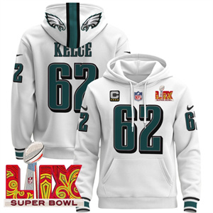 Men's Philadelphia Eagles Super Bowl LIX Patch Pullover Hoodie White Jason Kelce 62