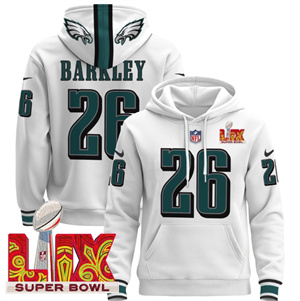 Men's Philadelphia Eagles Super Bowl LIX Patch Pullover Hoodie White Saquon Barkley 26
