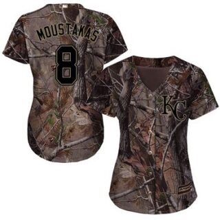 Royals #8 Mike Moustakas Camo Realtree Collection Cool Base Women's Stitched Baseball Jersey