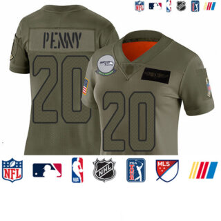 Seahawks #20 Rashaad Penny Camo Women's Stitched Football Limited 2019 Salute to Service Jersey