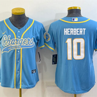 Women's Los Angeles Chargers #10 Justin Herbert Blue With Patch Cool Base Stitched Baseball Jersey(Run Small)