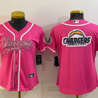 Women's Los Angeles Chargers Pink Team Big Logo With Patch Cool Base Stitched Baseball Jersey(Run Small)