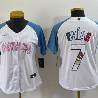Women's Mexico Baseball #7 Julio Urias 2023 White Blue World Baseball Classic Stitched Jersey(Run Small)