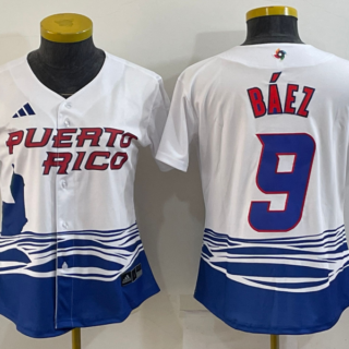 Women's Puerto Rico Baseball #9 Javier Baez 2023 White World Baseball Classic Stitched Jersey(Run Small)