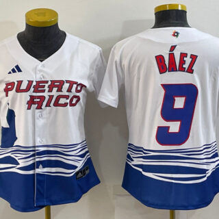 Women's Puerto Rico Baseball #9 Javier Baez 2023 White World Baseball Classic Stitched Jersey(Run Small)