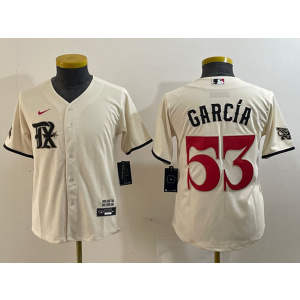 Women MLB Rangers 53 Adolis Garcia Cream Nike Cool Base Women Jersey