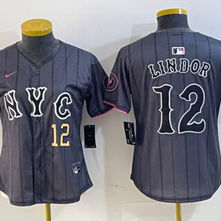Women New York Mets #12 Francisco Lindor Graphite 2024 City Connect Limited Stitched Baseball Jersey