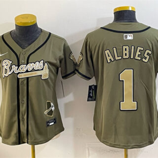 Women's Atlanta Braves #1 Ozzie Albies Olive 2026 Armed Forces Day Stitched Baseball Jersey(Run Small)