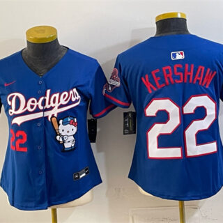 Women's Los Angeles Dodgers #22 Clayton Kershaw Royal Hello Kitty Night 2025 World Series Champions Patch Stitched Baseball Jersey(Run Small)