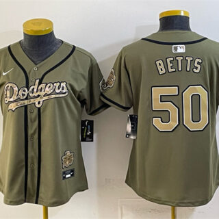 Women's Los Angeles Dodgers #50 Mookie Betts Olive 2026 Military Appreciation Game Day Stitched Baseball Jersey(Run Small)