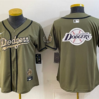 Women's Los Angeles Dodgers Team Big Logo Olive 2026 Military Appreciation Game Day Stitched Baseball Jersey(Run Small)
