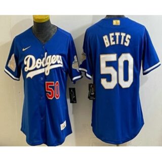 Women's Los Angeles Dodgers #50 Mookie Betts Blue 2026 Gold Collection Stadium Jersey