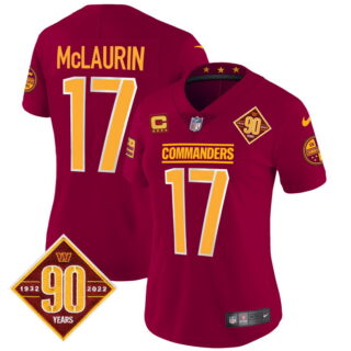 Women's Washington Commanders #17 Terry McLaurin 90th Anniversary Patch Vapor Jersey Burgundy