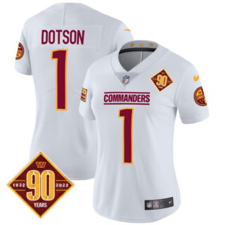 Women's Washington Commanders #1 Jahan Dotson 90th Anniversary Patch Vapor Jersey White