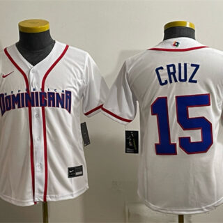 Youth Dominican Republic Baseball #15 Oneil Cruz White 2026 World Baseball Classic Home Stadium Stitched Baseball Jersey