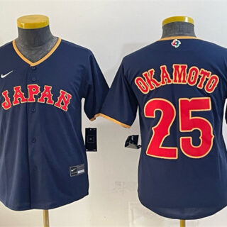 Youth Japan Baseball #25 Kazuma Okamoto Navy 2026 World Baseball Classic Road Stadium Stitched Baseball Jersey