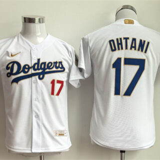 Youth Los Angeles Dodgers #17 Shohei Ohtani White Gold Collection Stadium Stitched Baseball Jersey