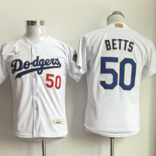 Youth Los Angeles Dodgers #50 Mookie Betts White Gold Collection Stadium Stitched Baseball Jersey