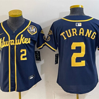 Youth Milwaukee Brewers #2 Brice Turang Navy With Home & Bob Uecker Patch Limited Stitched Jersey