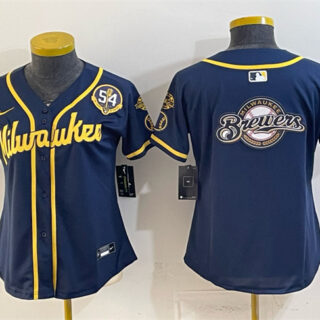 Youth Milwaukee Brewers Team Big Logo Navy With Home & Bob Uecker Patch Limited Stitched Jersey