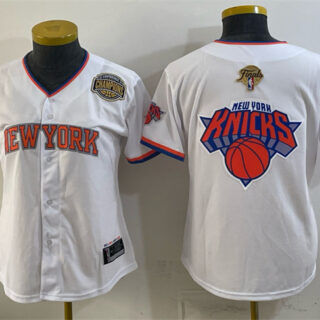 Youth New York Knicks Team Big Logo White 2026 Finals & Eastern Conference Champions Patch Stitched Baseball Jersey