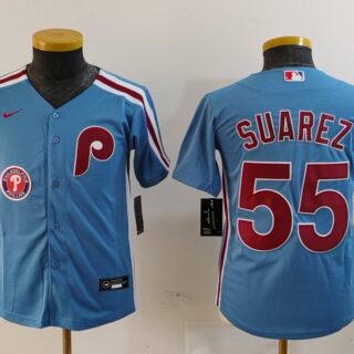 Youth Philadelphia Phillies #55 Ranger Suarez Blue Cool Base Stitched Baseball Jerseys
