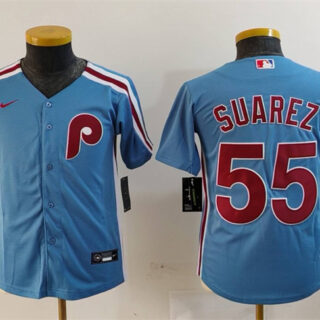 Youth Philadelphia Phillies #55 Ranger Suarez Blue Cool Base Stitched Baseball Jersey