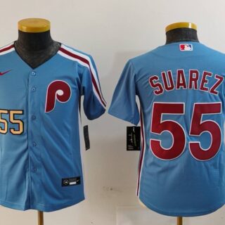 Youth Philadelphia Phillies #55 Ranger Suarez Blue Cool Base Stitched Baseball Jerseys