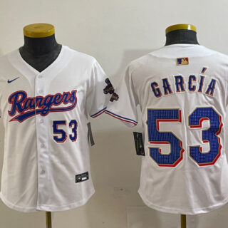 Youth Texas Rangers #53 Adolis Garcia White Gold Cool Base Stitched Baseball Jersey