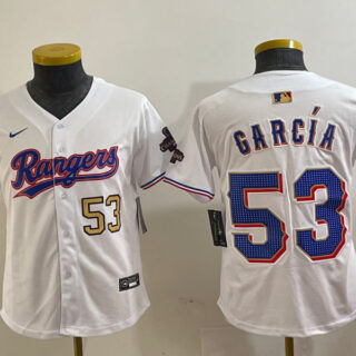 Youth Texas Rangers #53 Adolis Garcia White Gold Cool Base Stitched Baseball Jersey