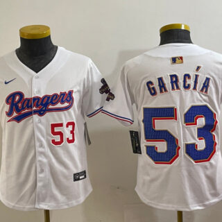 Youth Texas Rangers #53 Adolis Garcia White Gold Cool Base Stitched Baseball Jersey