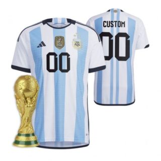 Men's Custom Argentina National Team White Home 3 Stars 2022 World Cup Champions Jersey