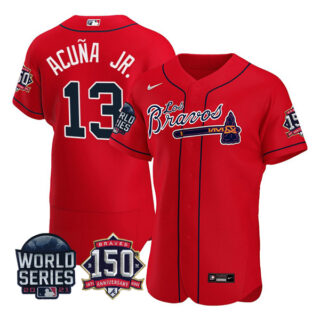 Men's Atlanta Braves Ronald Acuna Jr. Los Bravos 2021 World Series Stitched Jersey - Red