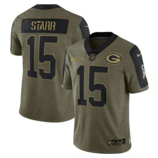 Men's #15 Bart Starr Green Bay Packers Olive 2021 Salute To Service Limited Jersey