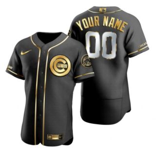 Men's Custom Chicago Cubs Flex Base Jersey Black Golden