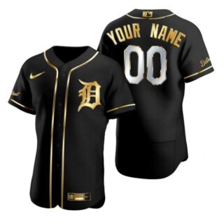 Men's Custom Detroit Tigers Flex Base Jersey Black Golden