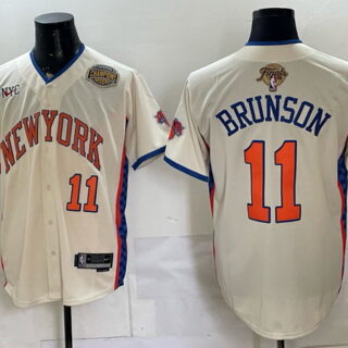 Men's New York Knicks #11 Jalen Brunson Conference Champions and Finals Patch Baseball Jersey - Cream