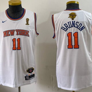 Men's New York Knicks #11 Jalen Brunson Gold Trophy and Finals Patch Basketball Jersey - White