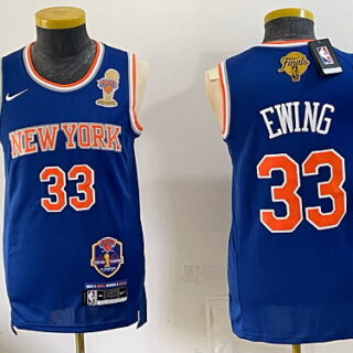 Men's New York Knicks #33 Patrick Ewing Dual NBA Finals Trophy Patch Basketball Jersey - Royal Blue