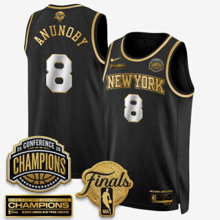Men's New York Knicks #8 OG Anunoby 2026 Eastern Conference Champions and NBA Finals Patch Basketball Jersey - Black Gold