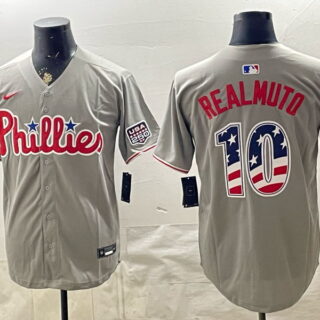 Men's Philadelphia Phillies #10 J.T. Realmuto USA 250 Fourth of July Away Stadium Stitched Jersey - Grey