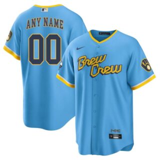Men's Cool Base Milwaukee Brewers Custom Brew Crew City Connect Powder Blue Stitched Jersey